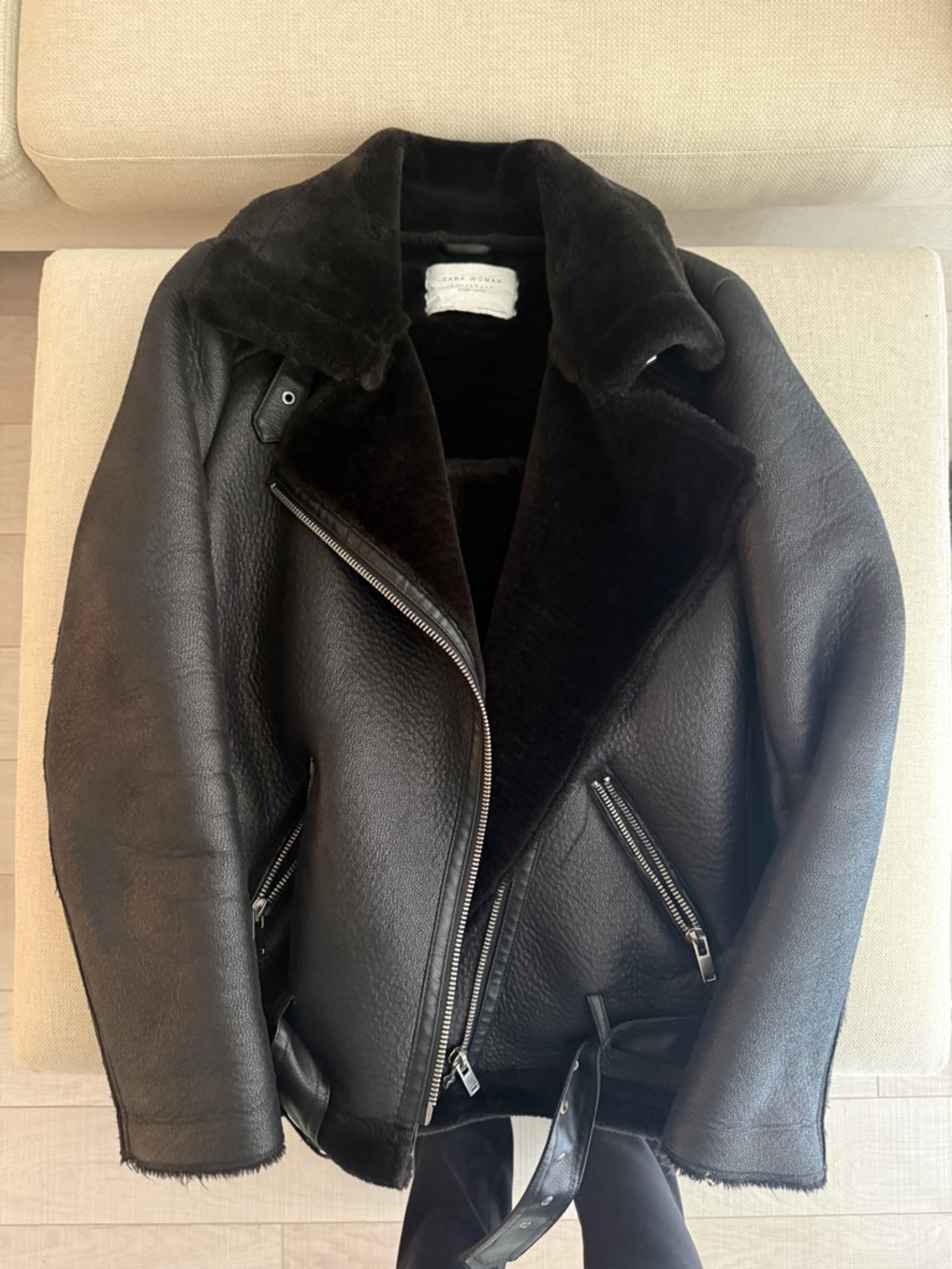Zara Black Faux Fur Jacket With Buckles